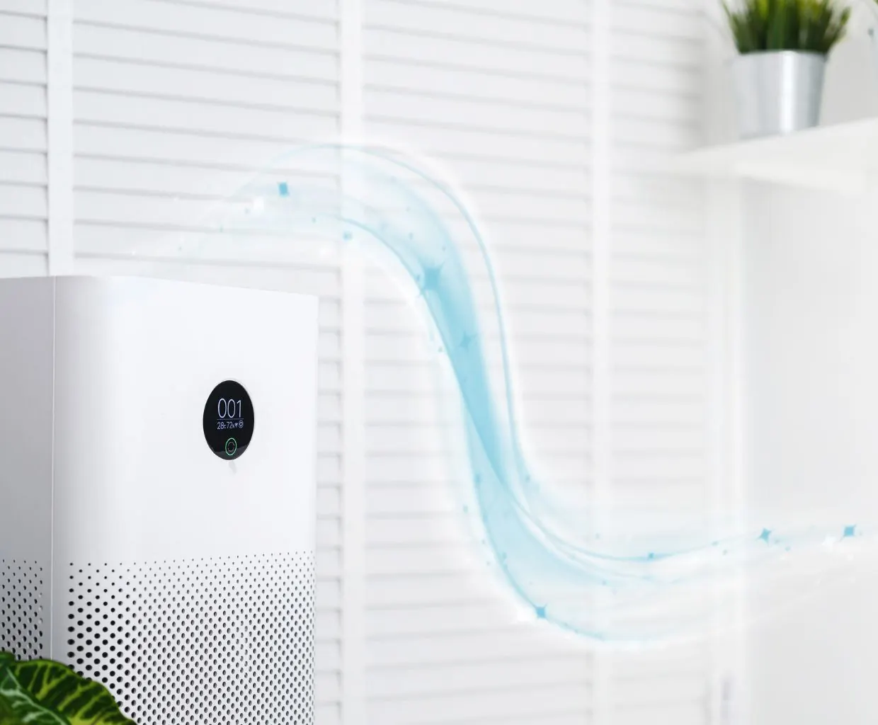 White air purifier with a round display, with a drawn blue stream of air flowing past white shutters