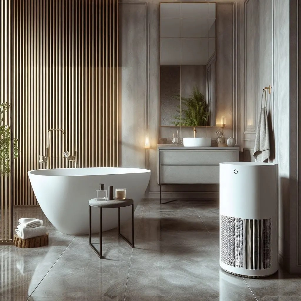 Cylindrical white air purifier next to a vanity in a gray bathroom with a freestanding white bathtub