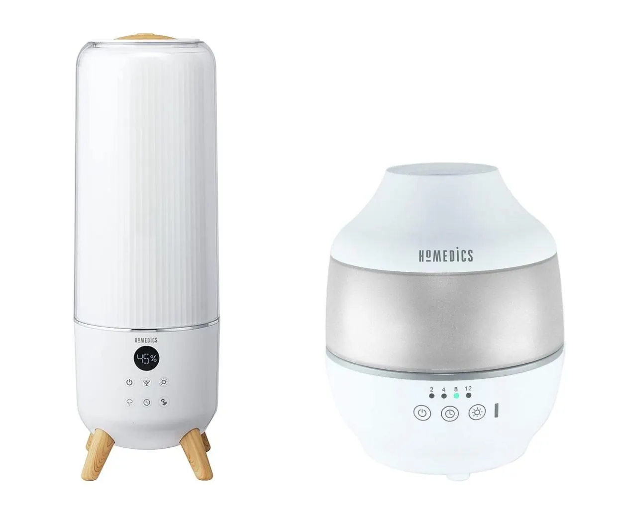 Two white HoMedics humidifiers: a tall tower on wooden legs showing 45% and a small round tabletop model