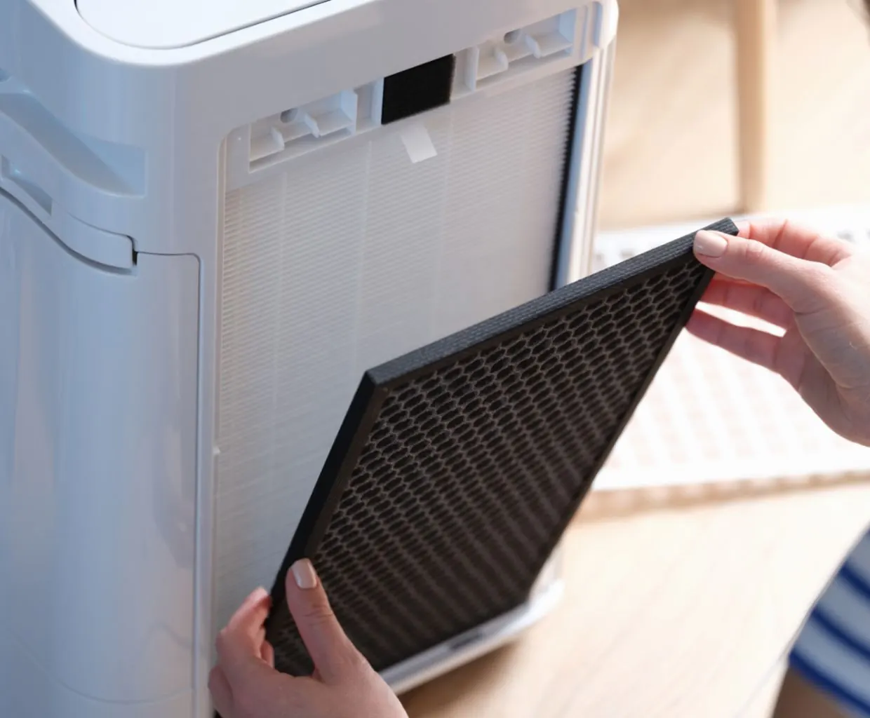 Hands lifting a black honeycomb carbon filter out of a white air purifier, with a pleated white filter visible behind it