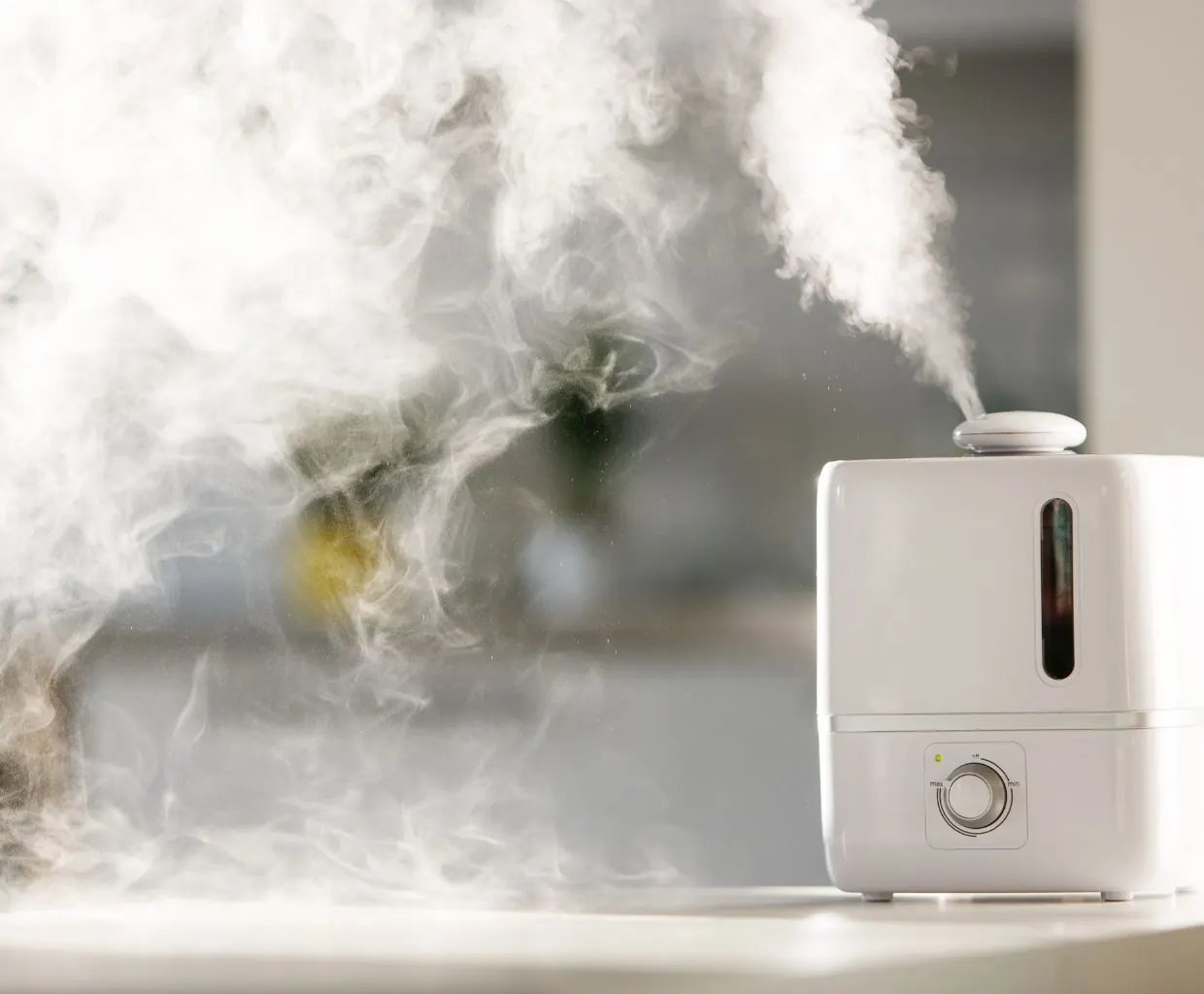White humidifier with a dial on a table releasing a thick cloud of mist in a sunlit room