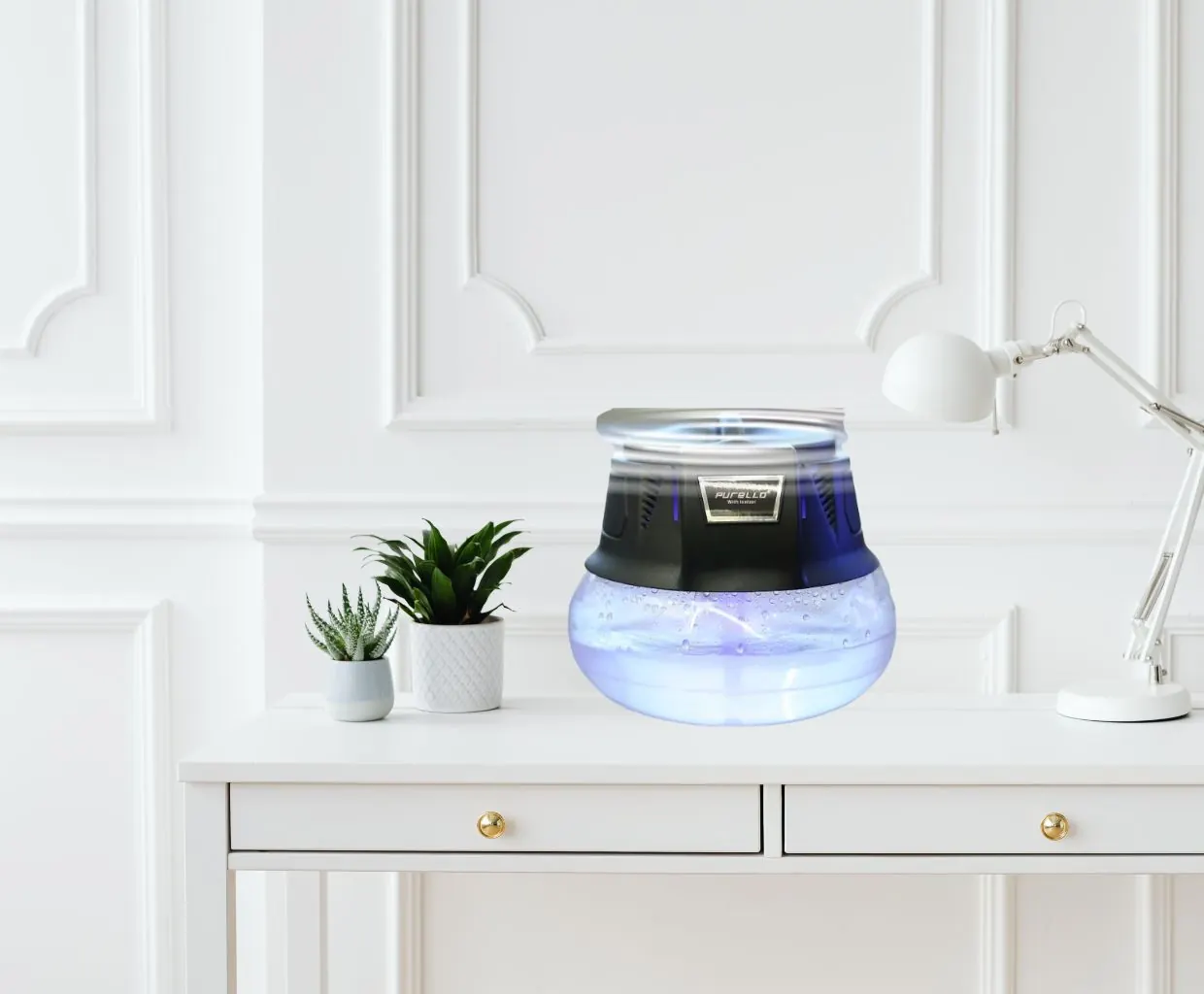 Purello water-bowl air freshener with a black top and a lit clear basin on a white desk beside plants and a lamp
